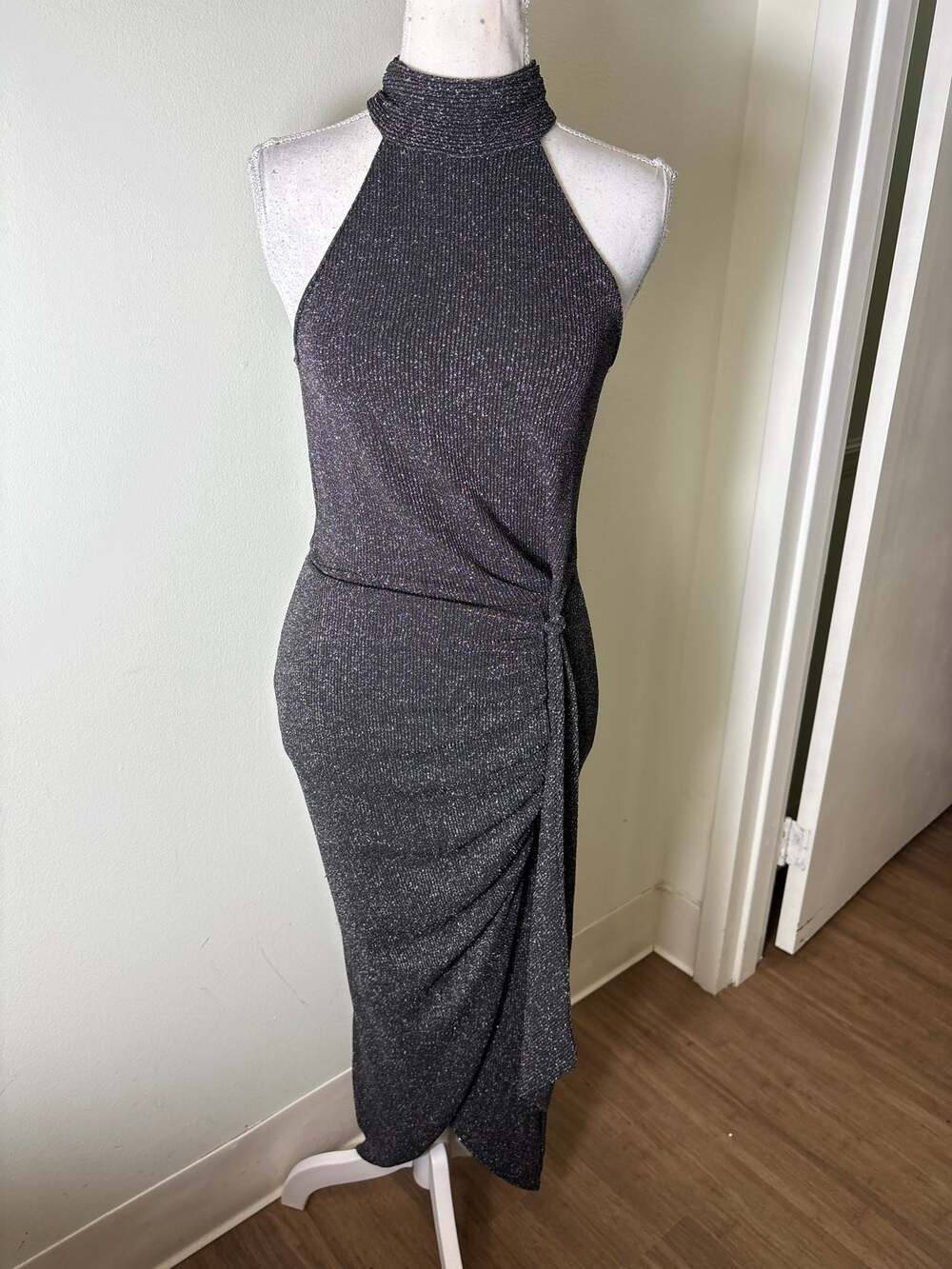 Saylor Black Metallic Halter Neck Body Con Maxi Dress Sz XS
